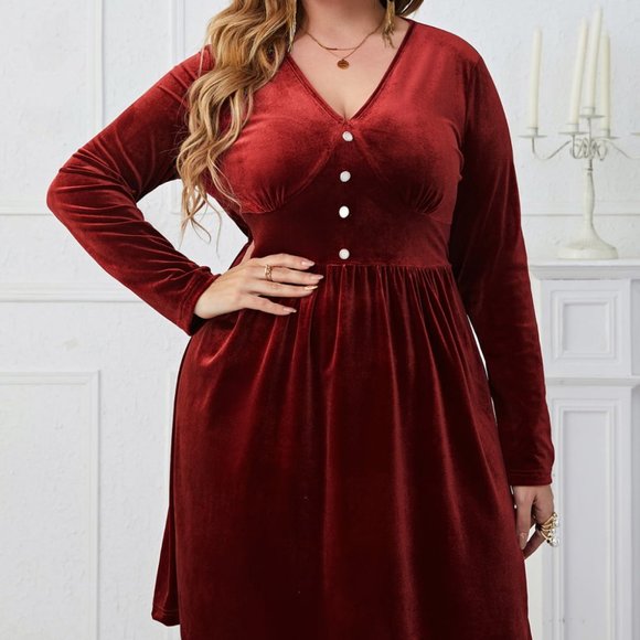 Melo Apparel Plus Size V-Neck Decorative Button Knee Length Dress - Picture 3 of 8